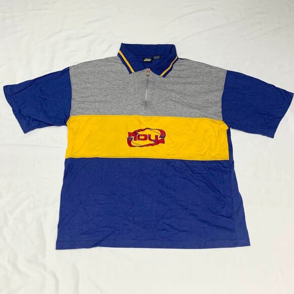 VTG 90s IOU Spellout T-Shirt Blue Retro Streetwear Hip Hop Sz L Quarter Zip - Picture 1 of 6